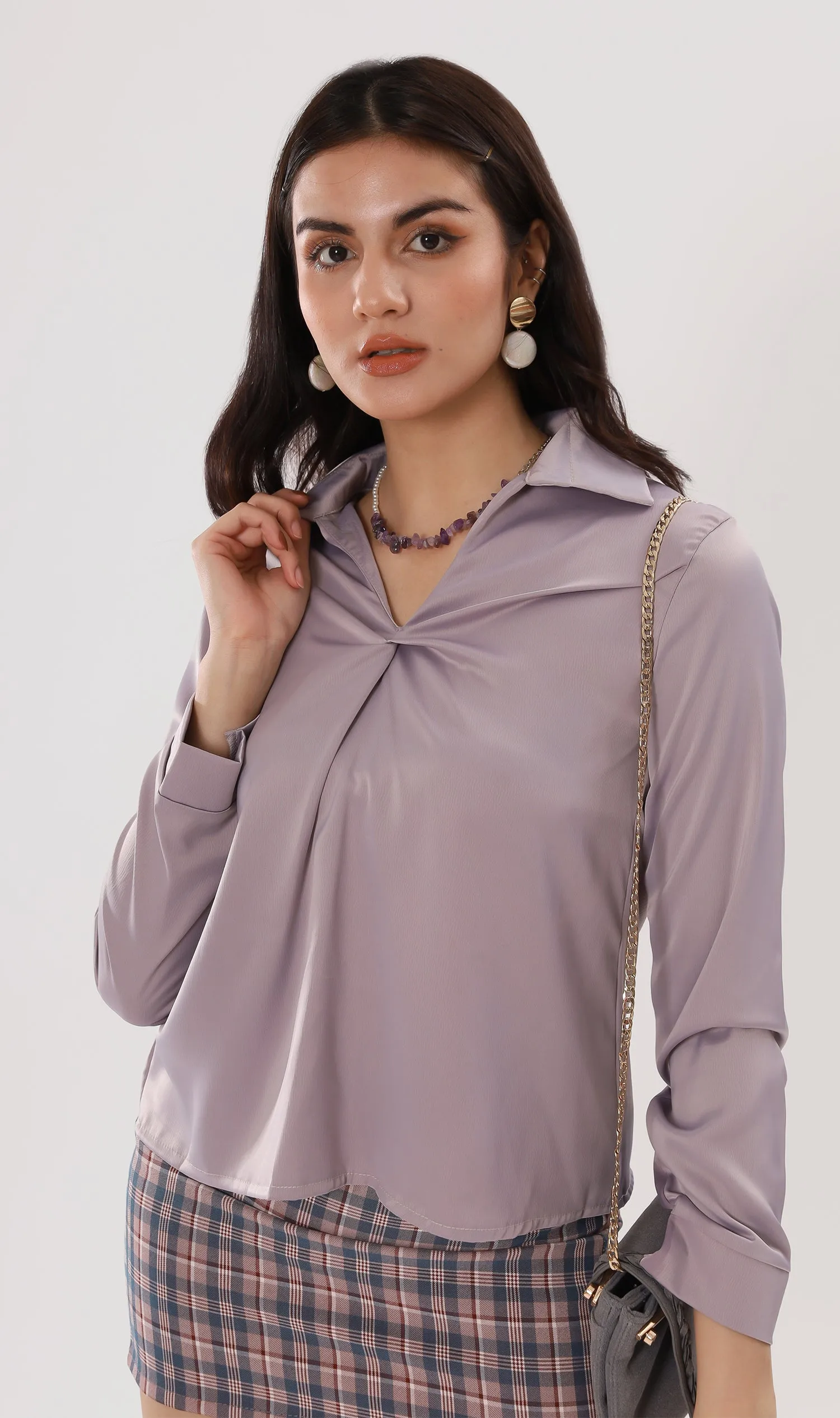 ELLIS Ruched-Front Collared Top (Lavander)
