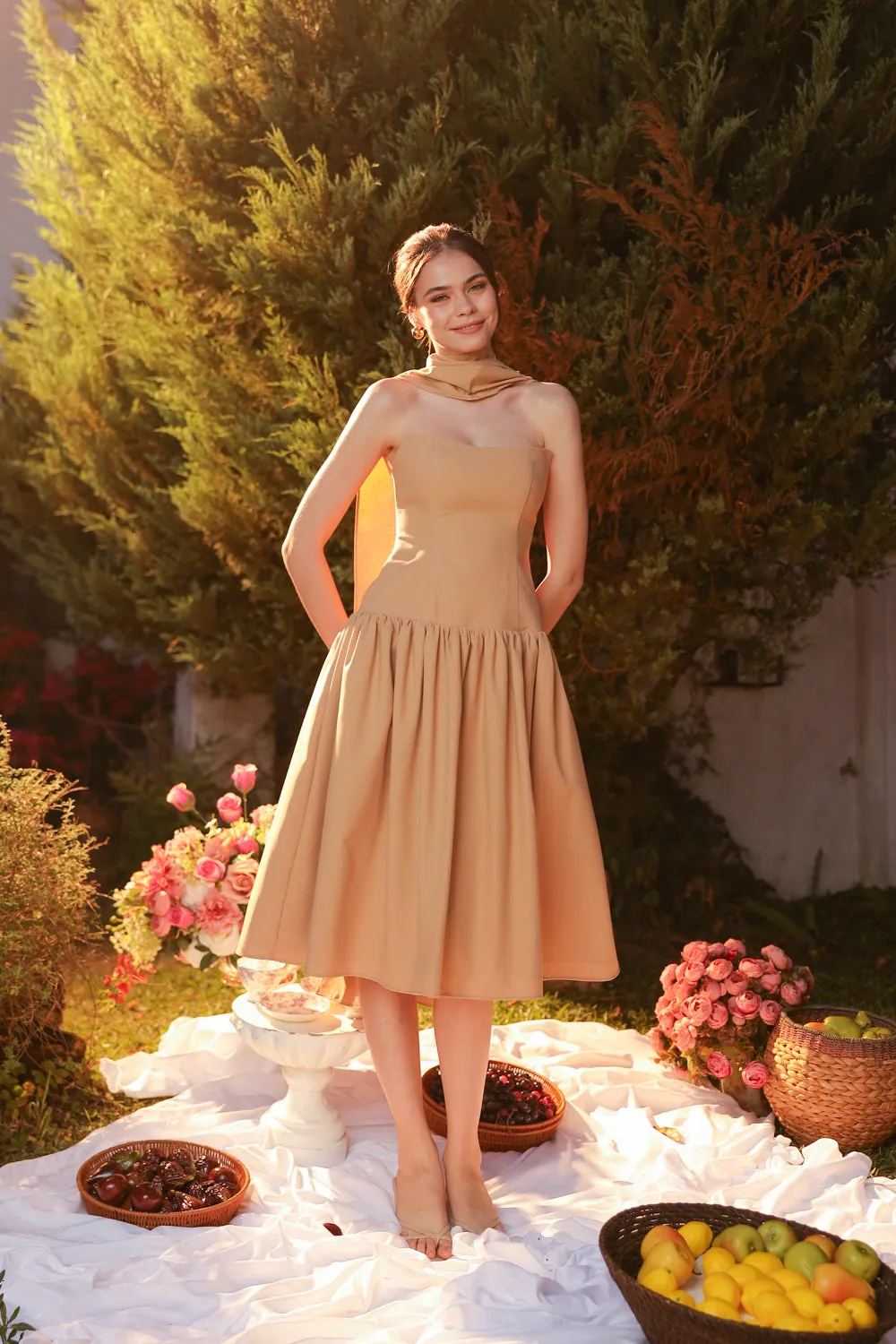 ELODIE Strapless Drop Waist Midi Dress with Sash Neckpiece (Light Brown Linen Blend) SAME DAY DELIVERY - SMALL