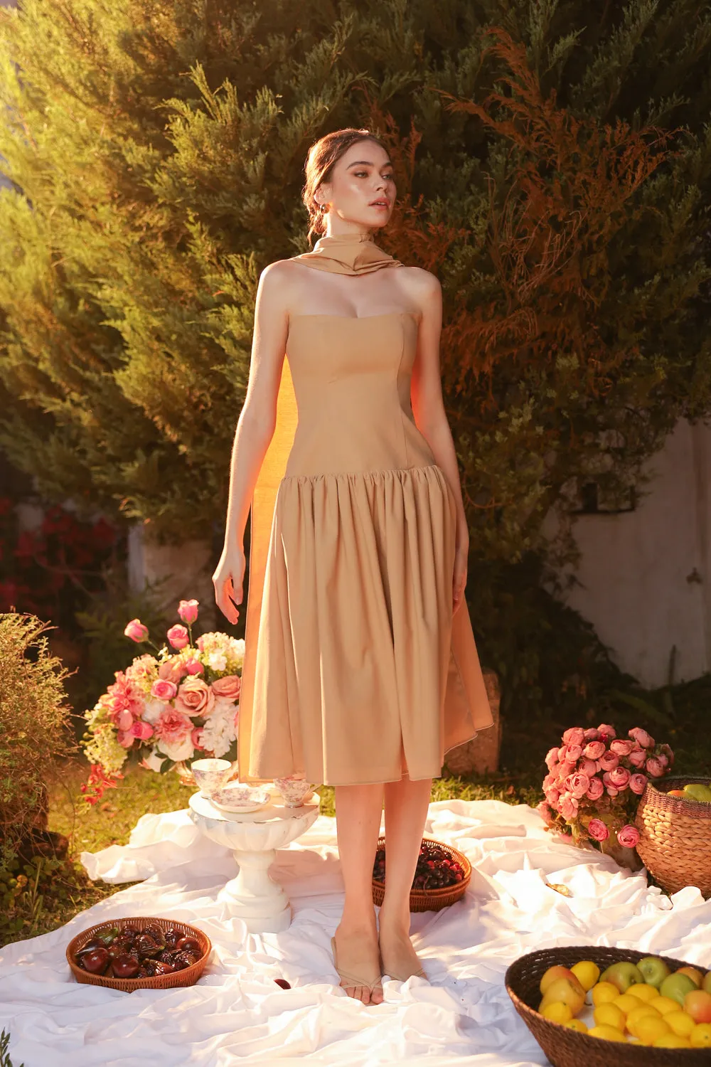 ELODIE Strapless Drop Waist Midi Dress with Sash Neckpiece (Light Brown Linen Blend) SAME DAY DELIVERY - SMALL