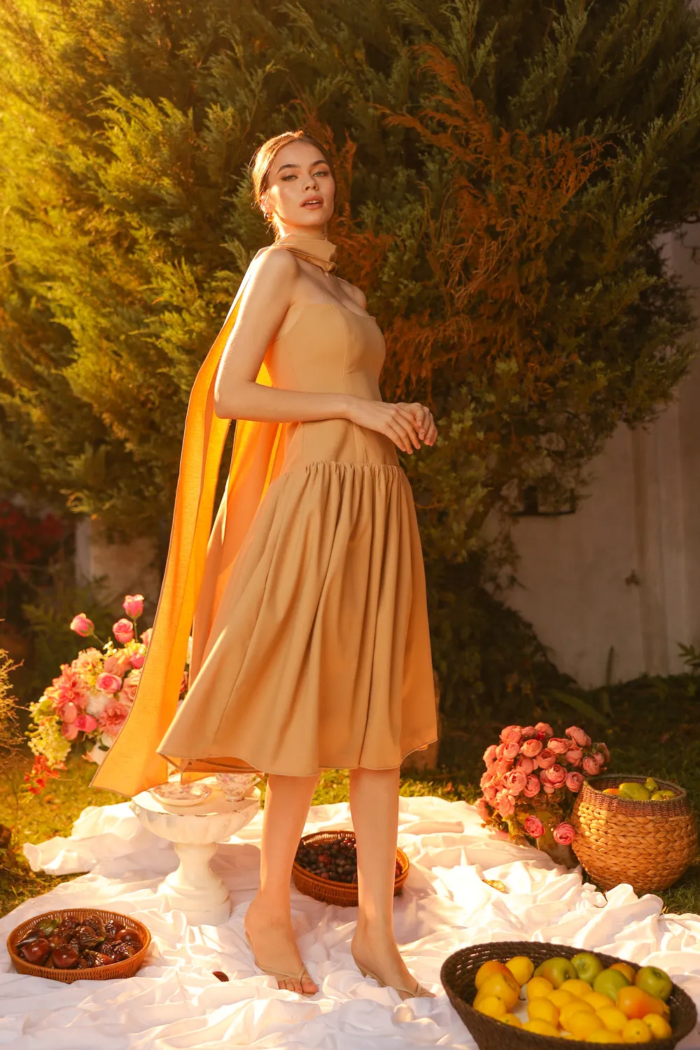 ELODIE Strapless Drop Waist Midi Dress with Sash Neckpiece (Light Brown Linen Blend) SAME DAY DELIVERY - SMALL