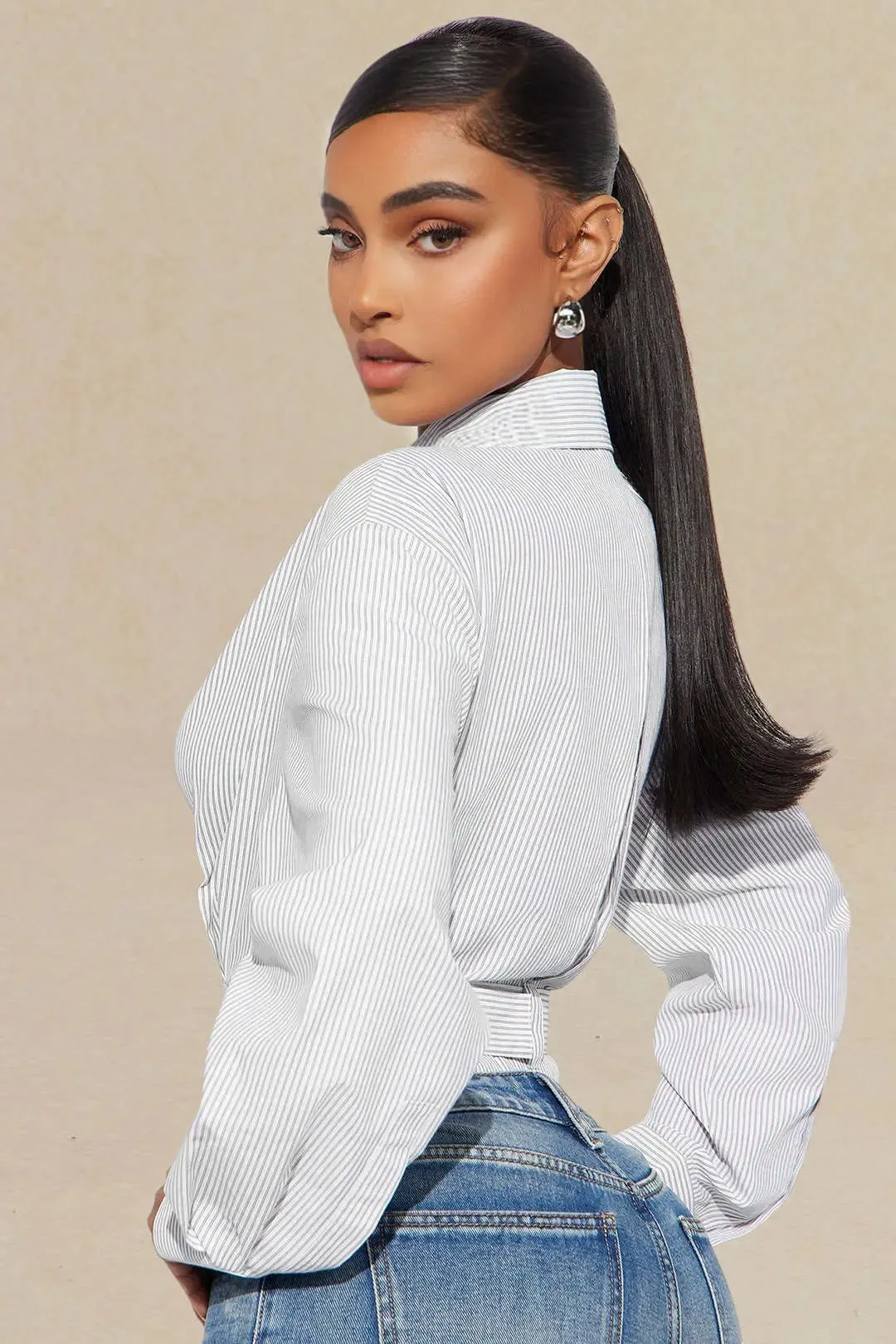 Enid - Stylish Belted Metallic Woman's Long Sleeve Shirt
