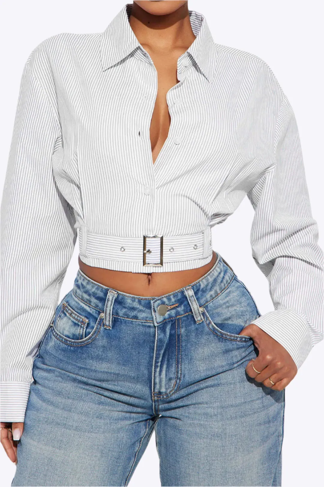 Enid - Stylish Belted Metallic Woman's Long Sleeve Shirt