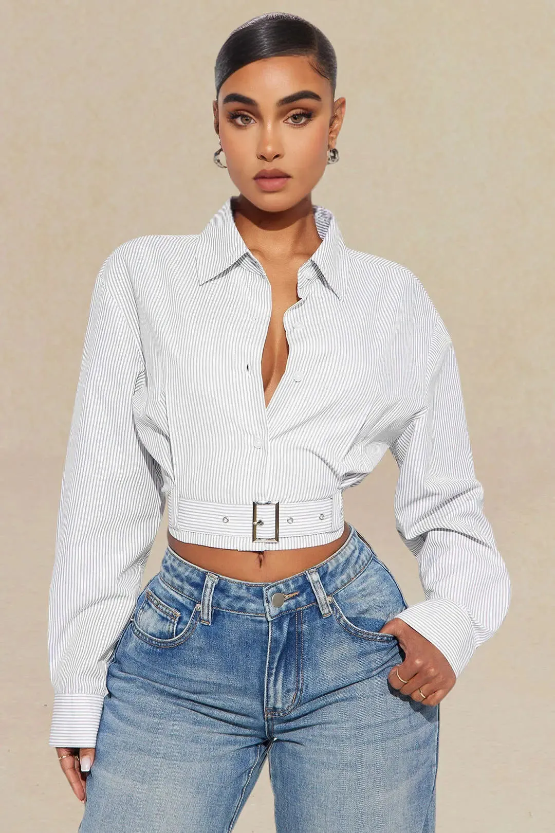 Enid - Stylish Belted Metallic Woman's Long Sleeve Shirt