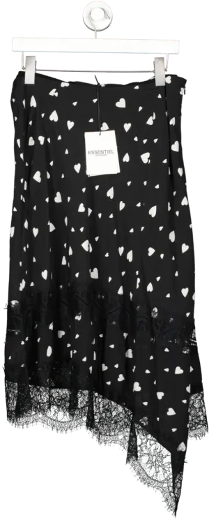 Essentiel Antwerp Black Asymmetric Heart Print Lace Trim Skirt UK 10