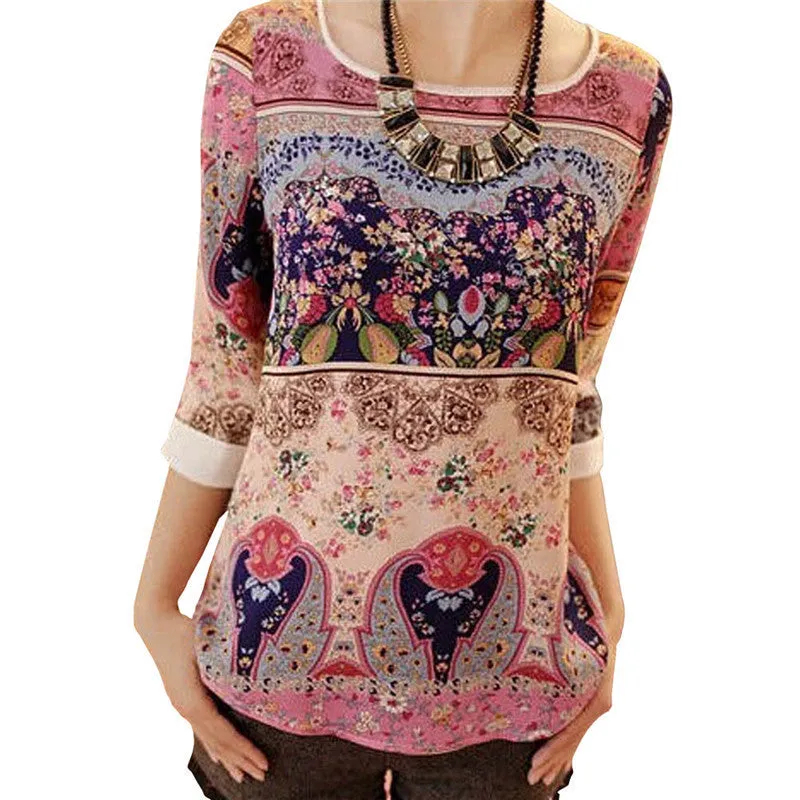 Fashion Women Print Chiffon Blouse O-neck Elegant Floral Three Quarter Puff Sleeve Shirt Blusas Women Summer Tops XXL