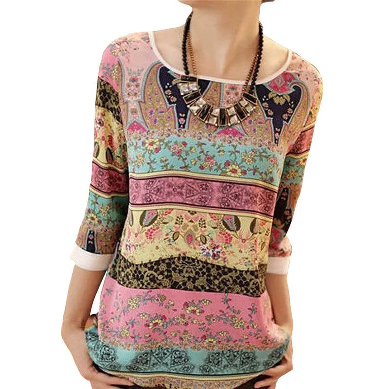 Fashion Women Print Chiffon Blouse O-neck Elegant Floral Three Quarter Puff Sleeve Shirt Blusas Women Summer Tops XXL