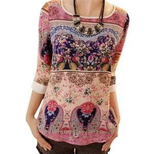 Fashion Women Print Chiffon Blouse O-neck Elegant Floral Three Quarter Puff Sleeve Shirt Blusas Women Summer Tops XXL