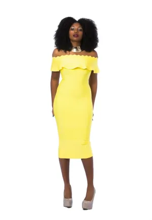 FINAL SALE! Damaris- Ruffles Off The Shoulder Bodycon Bandage Midi dress (Final Sale! No Return! No Exchange!)