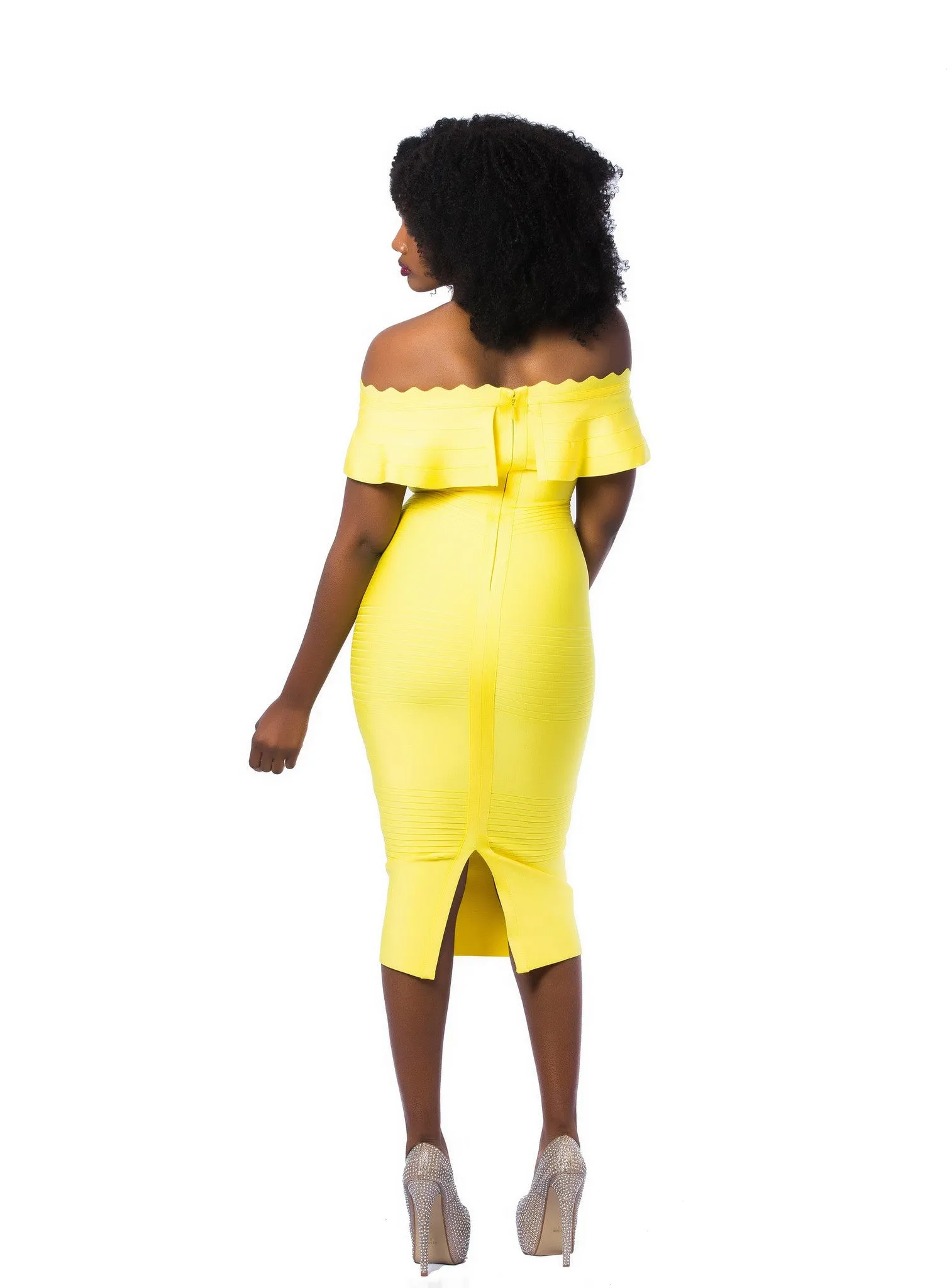 FINAL SALE! Damaris- Ruffles Off The Shoulder Bodycon Bandage Midi dress (Final Sale! No Return! No Exchange!)