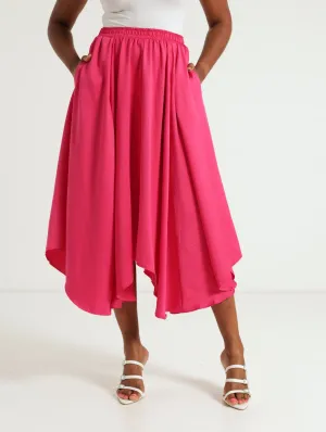 Flared Hammered Hanky Hem Midi Skirt - Cerise