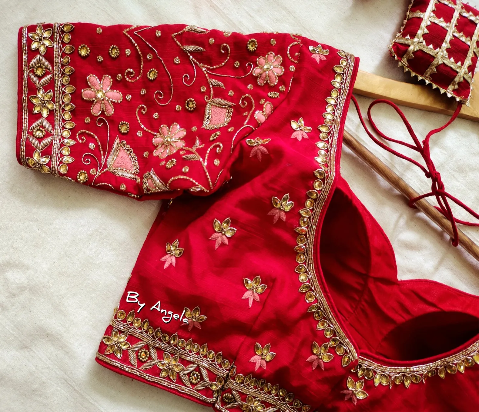Floral Jaal Sleeve Blouse - Rose Red
