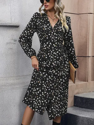 Floral Print V-neck Midi Dress with Wrap-Style Design