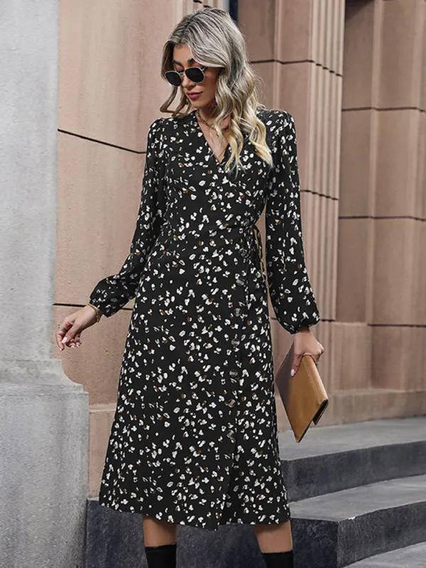 Floral Print V-neck Midi Dress with Wrap-Style Design