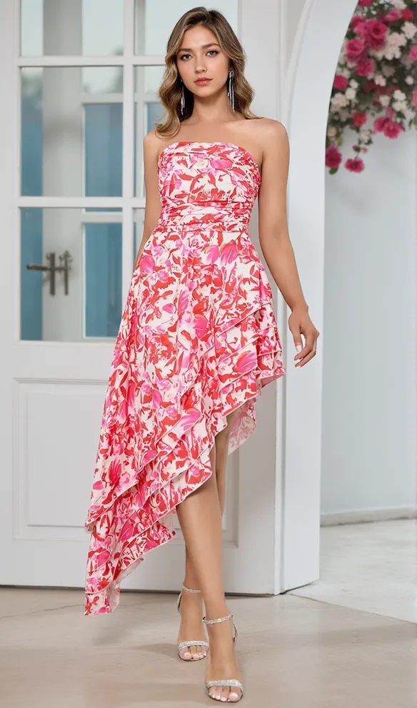 FLORAL STRAPLESS RUFFLE MIDI DRESS IN RED PINK