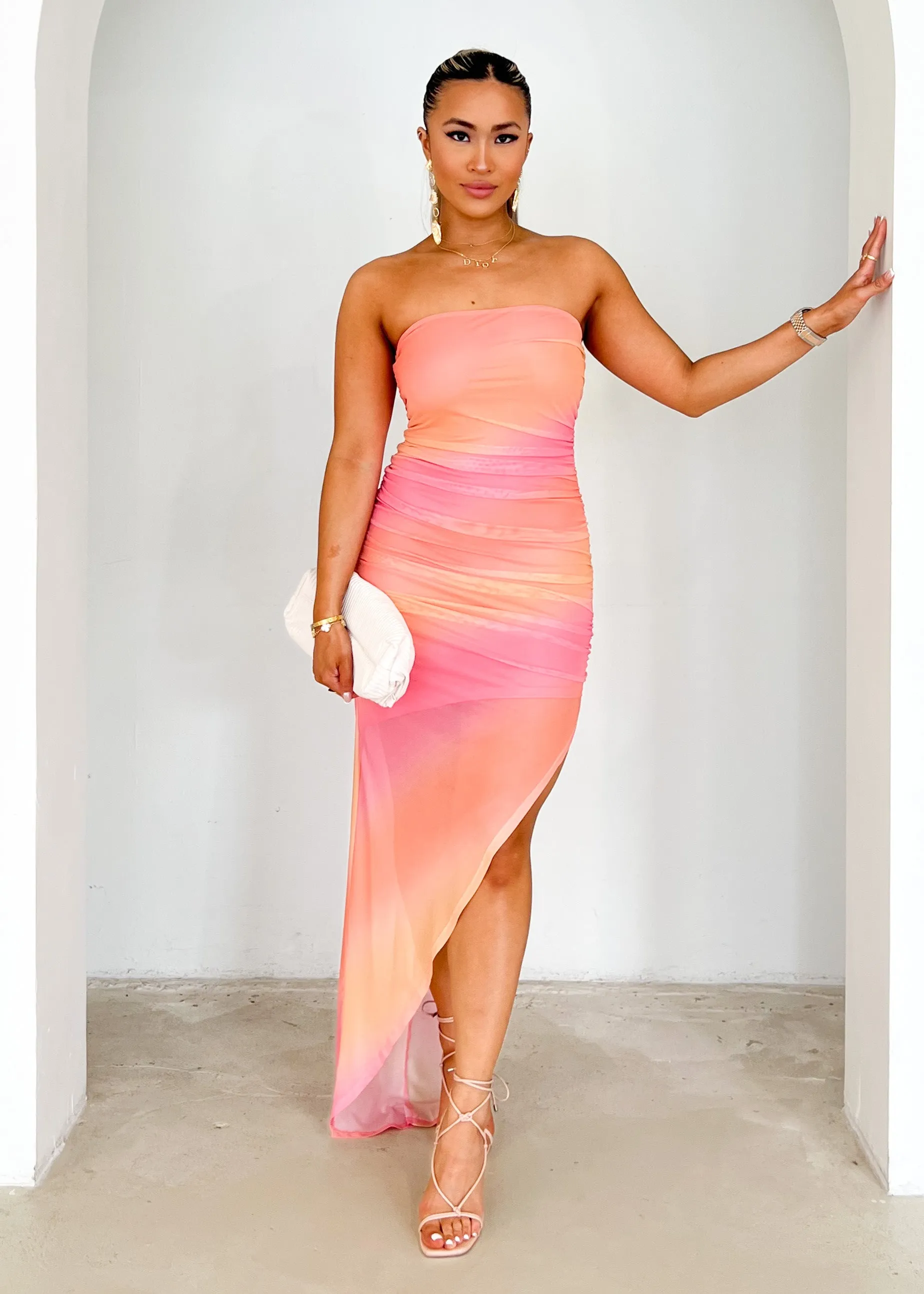 Fosie Strapless Mesh Midi Dress - Peach Tie Dye
