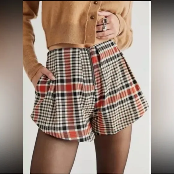 FREE PEOPLE Mayfair Pleated Shorts Orange Brown Black Tan Plaid New With Tags