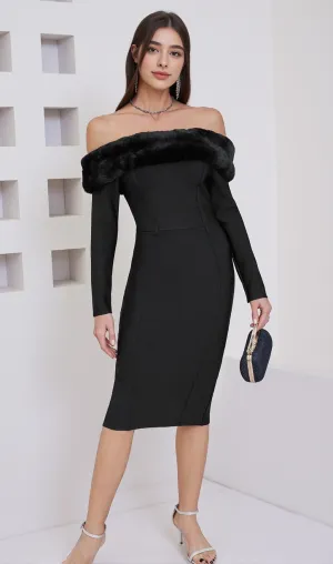 Fuzzy Trim Split Bodycon strapless midi Dress in black