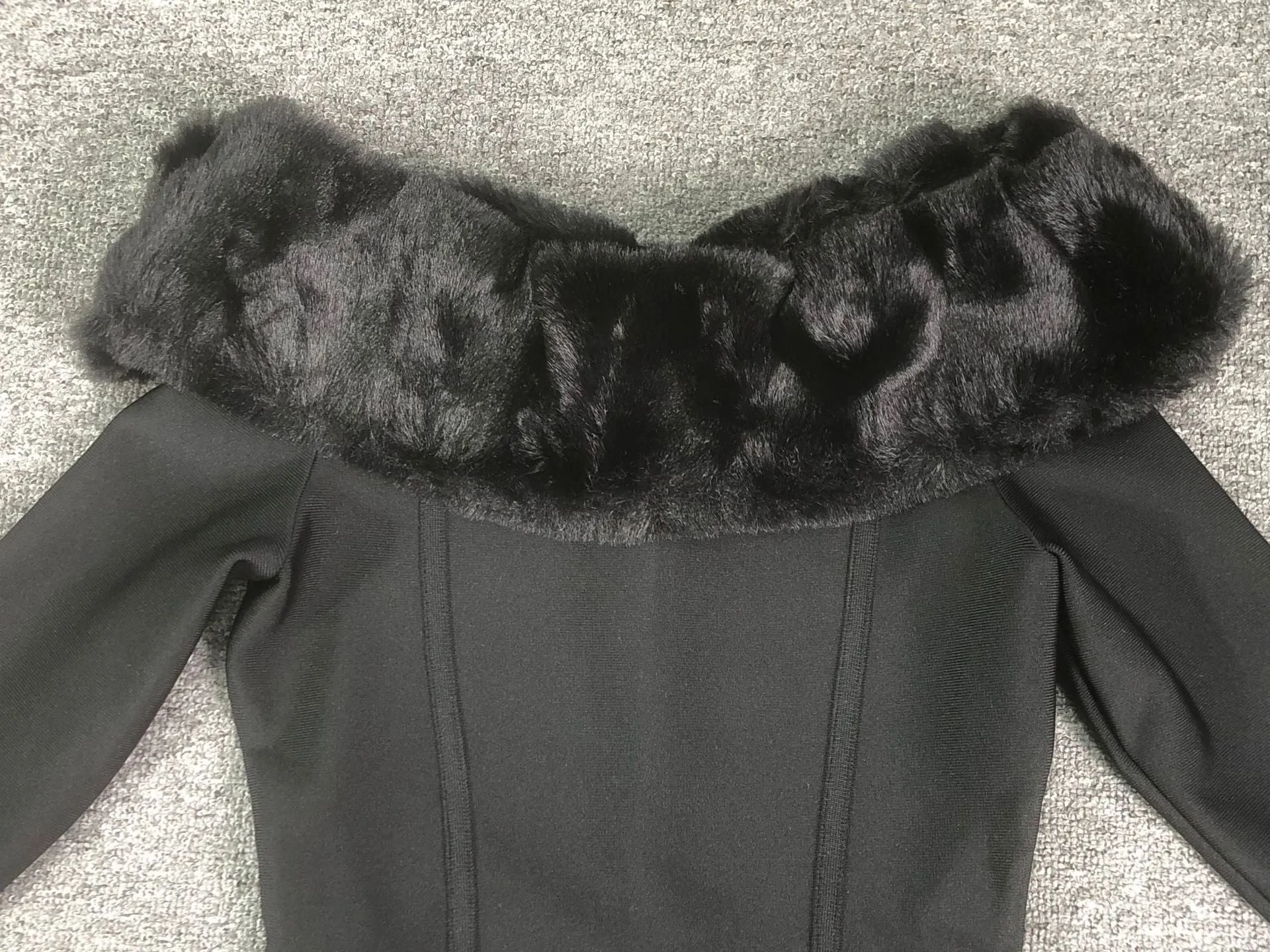 Fuzzy Trim Split Bodycon strapless midi Dress in black