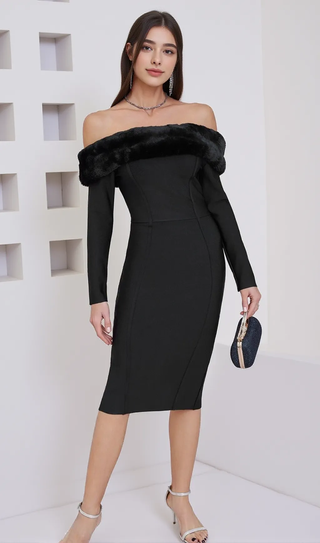 Fuzzy Trim Split Bodycon strapless midi Dress in black