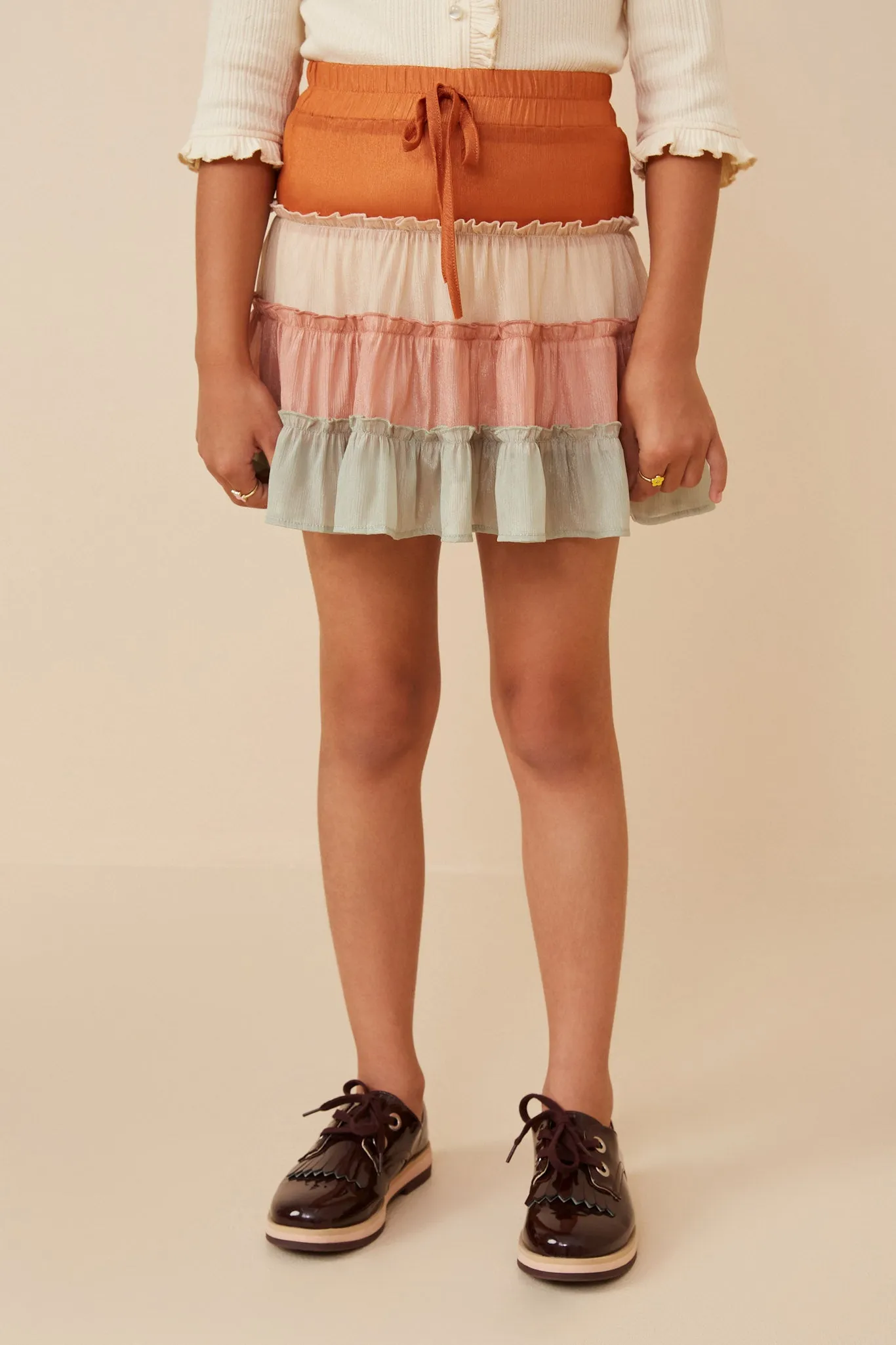 Girls Drawstring Color Blocked Textured Tier Skirt