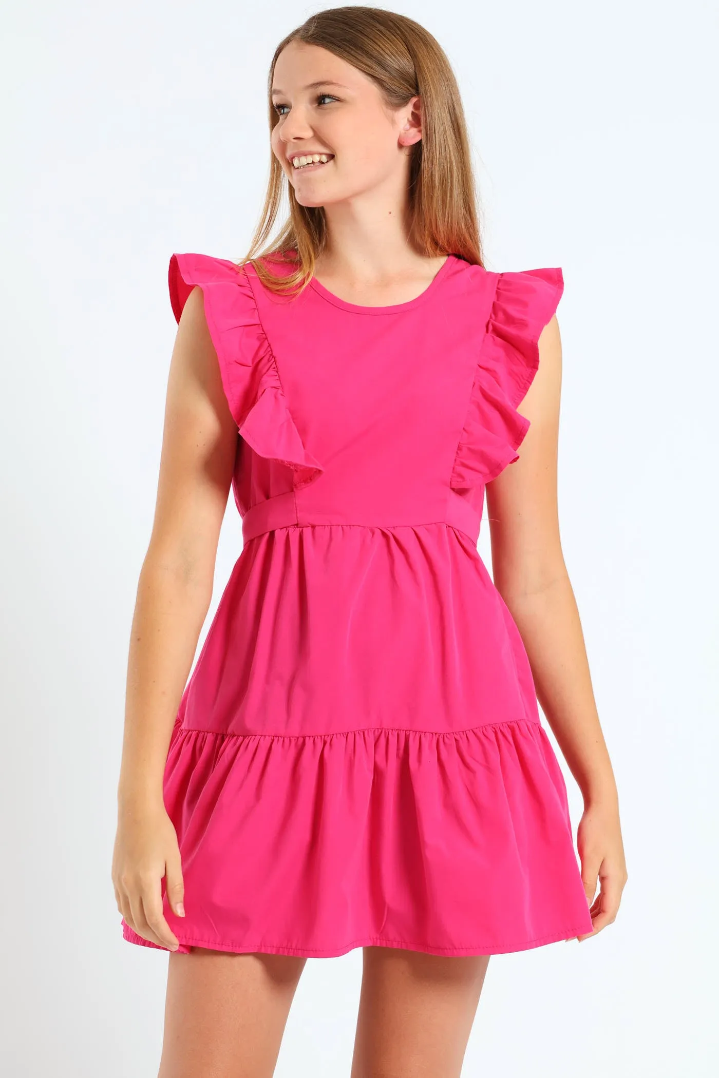 Girls Frill Tiered Poplin Dress - Cerise