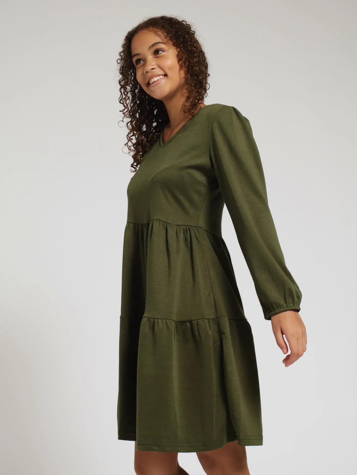 Girls Ponti Tiered Dress - Fatigue