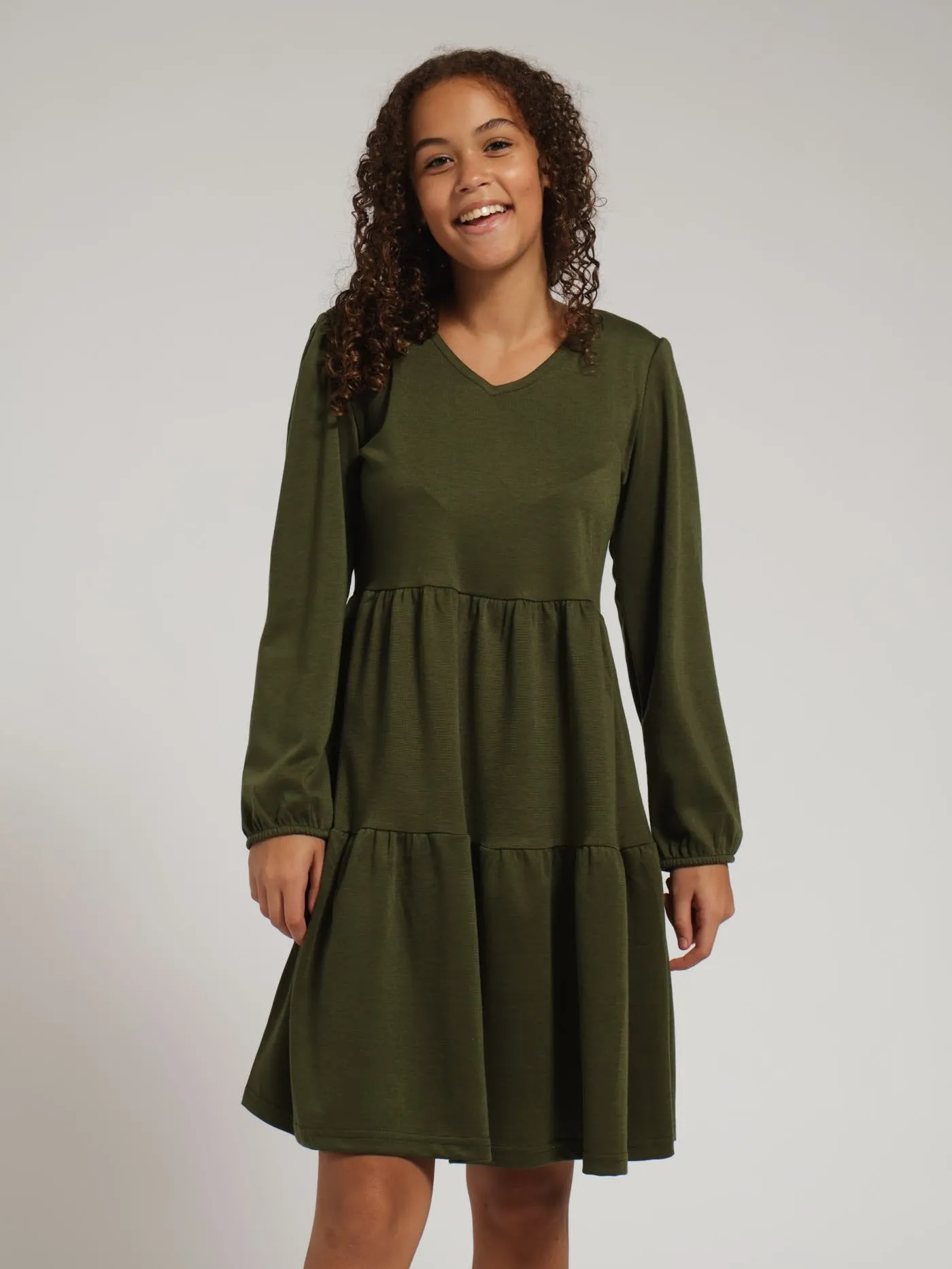 Girls Ponti Tiered Dress - Fatigue