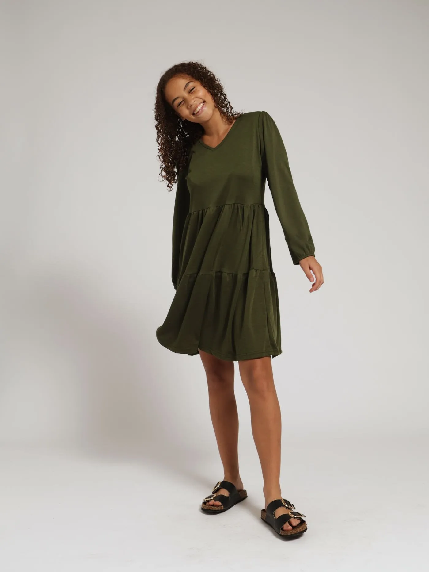 Girls Ponti Tiered Dress - Fatigue