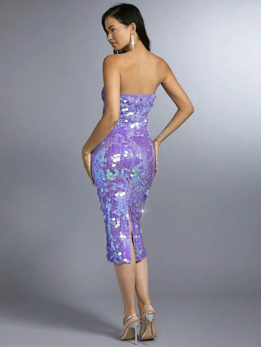 Glitter Strapless midi Dress in purple