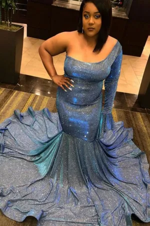 Glittery One Shoulder Long Sleeve Mermaid Prom Dresses