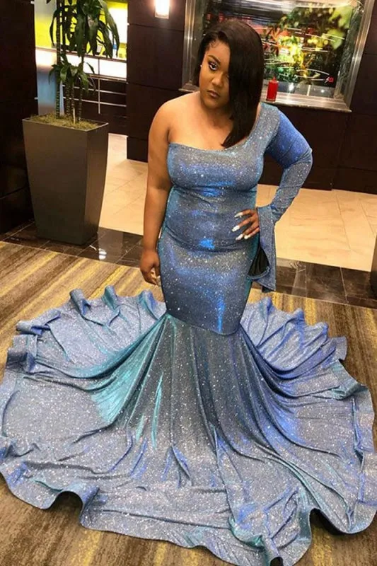 Glittery One Shoulder Long Sleeve Mermaid Prom Dresses