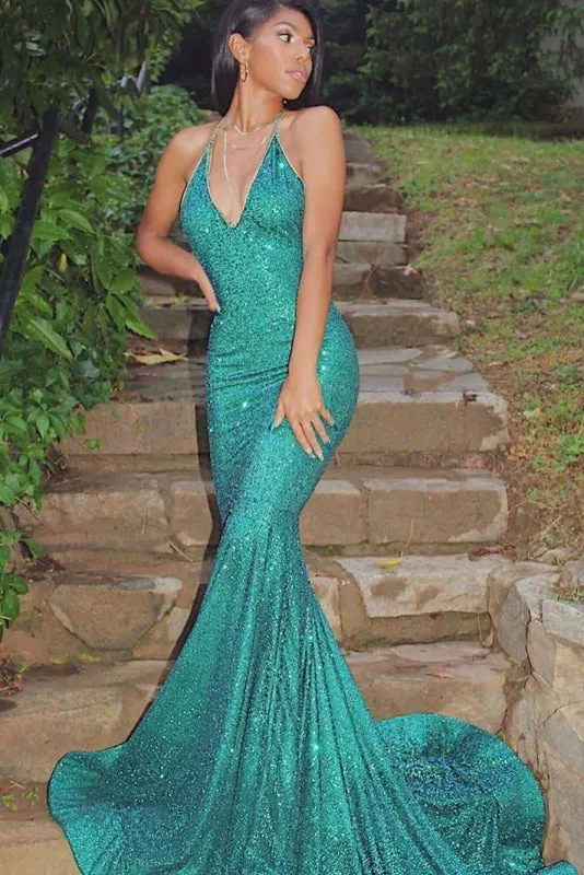 Gorgeous Halter Sleeveless Sparkly Shiny Mermaid Prom Dresses