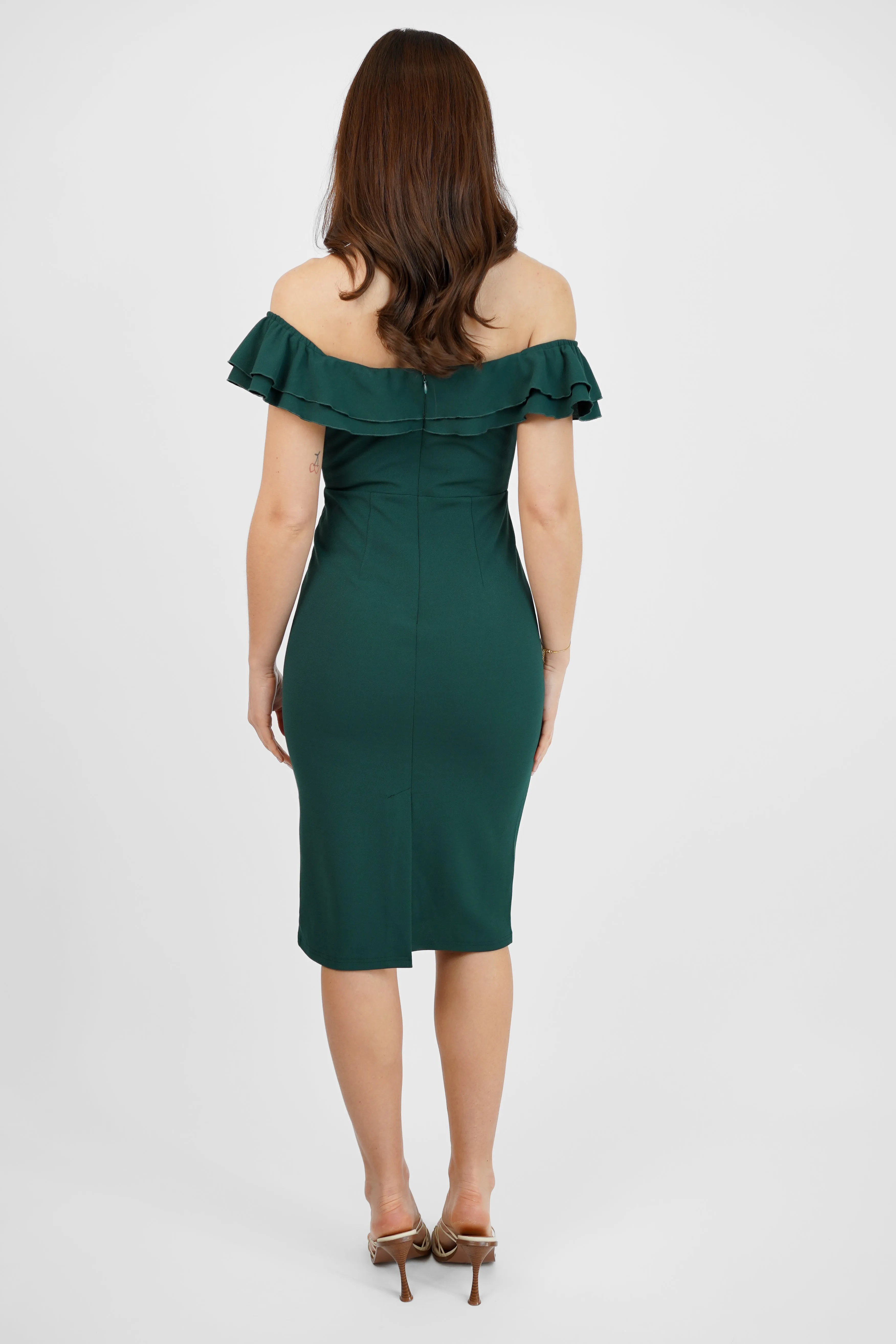 Green off the shoulder midi dress with frills