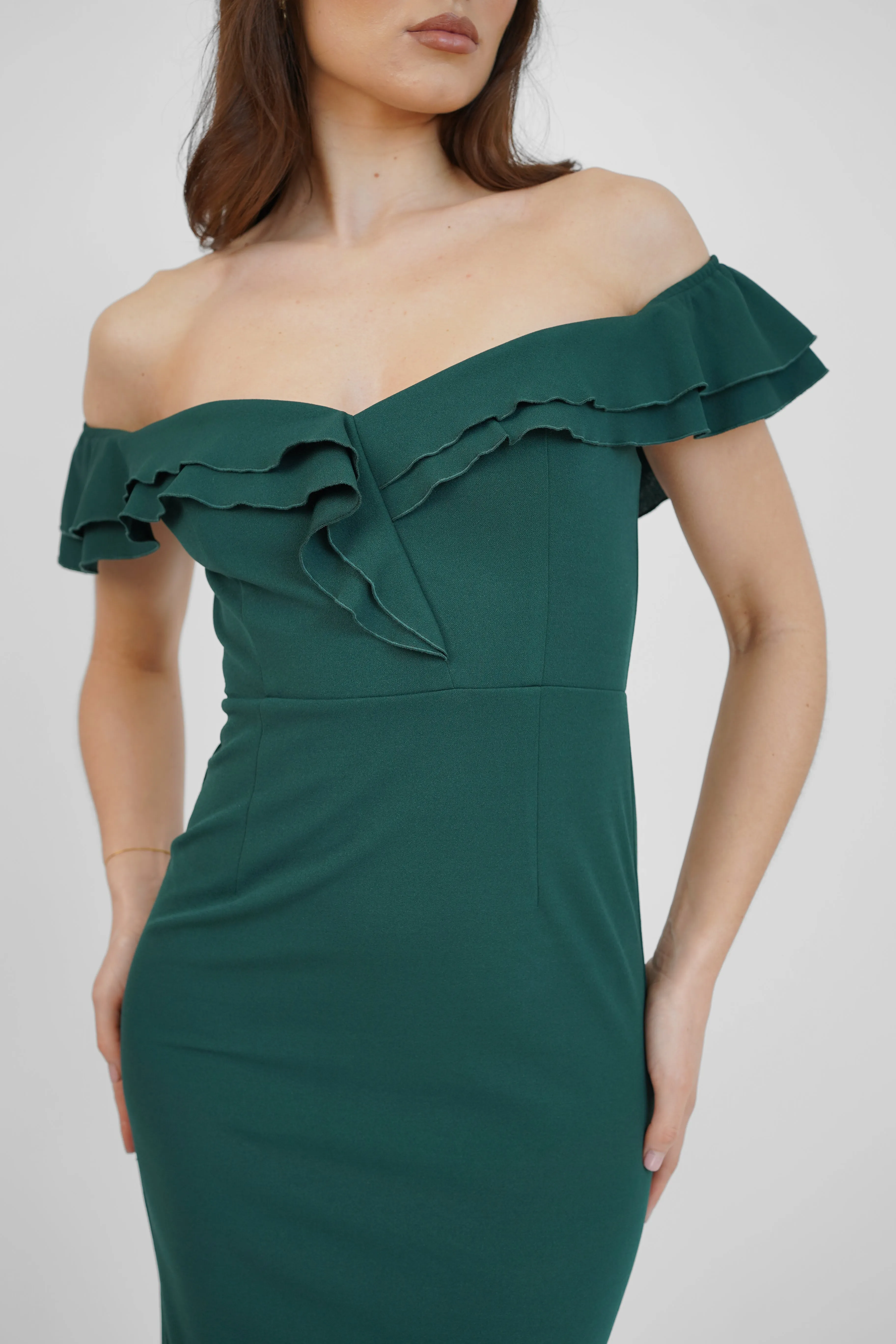 Green off the shoulder midi dress with frills