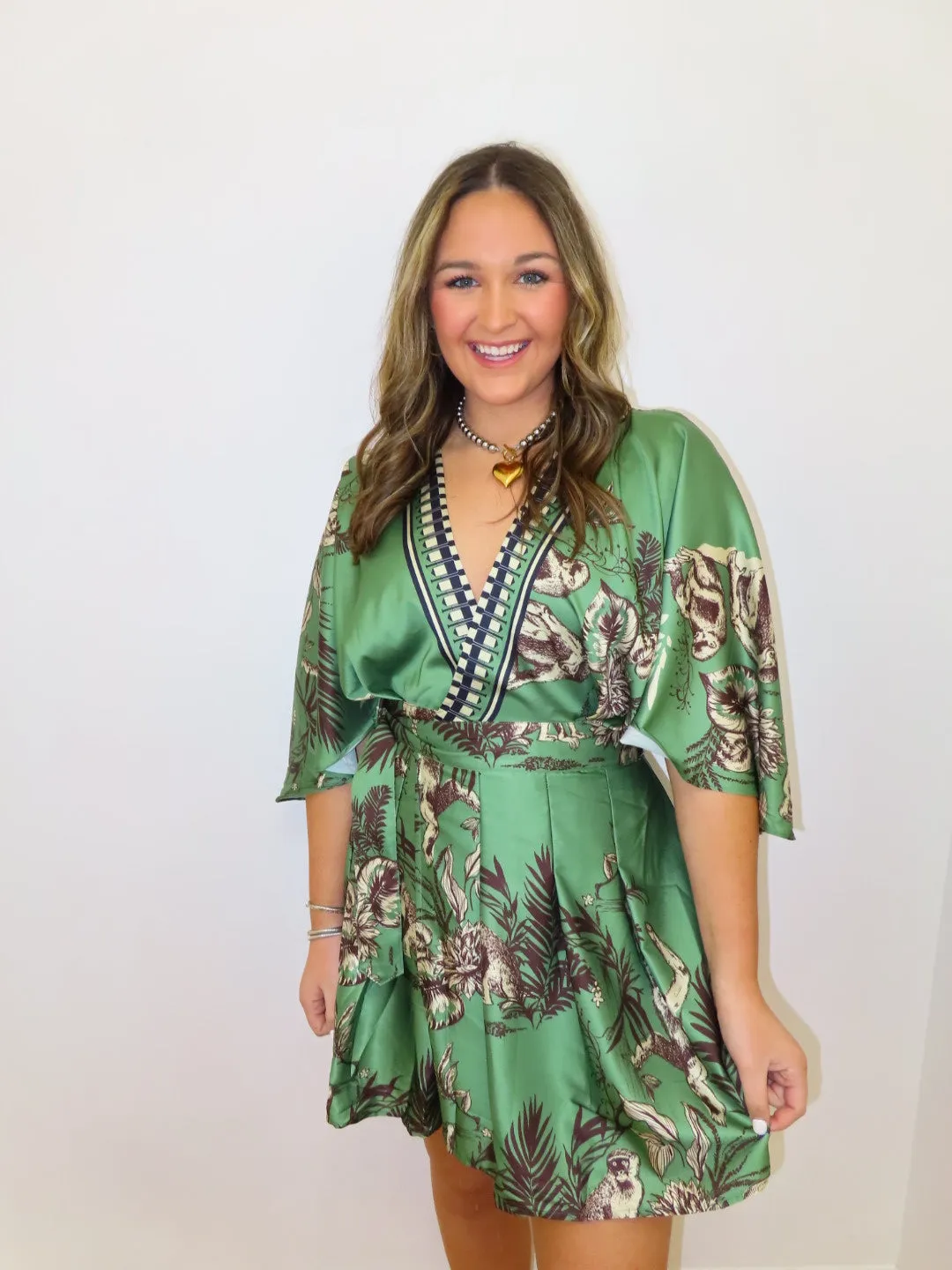 Green Print Wrap Mini Dress