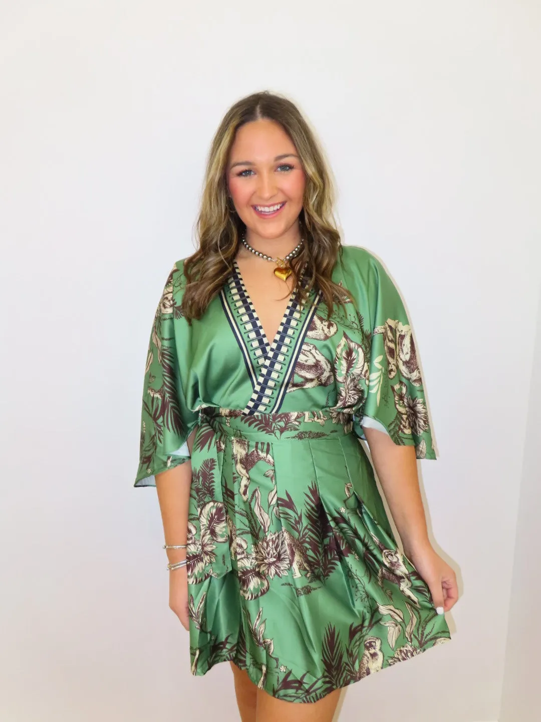 Green Print Wrap Mini Dress