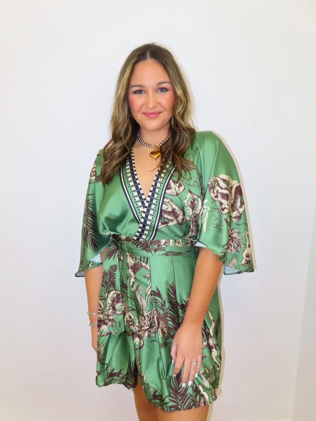 Green Print Wrap Mini Dress