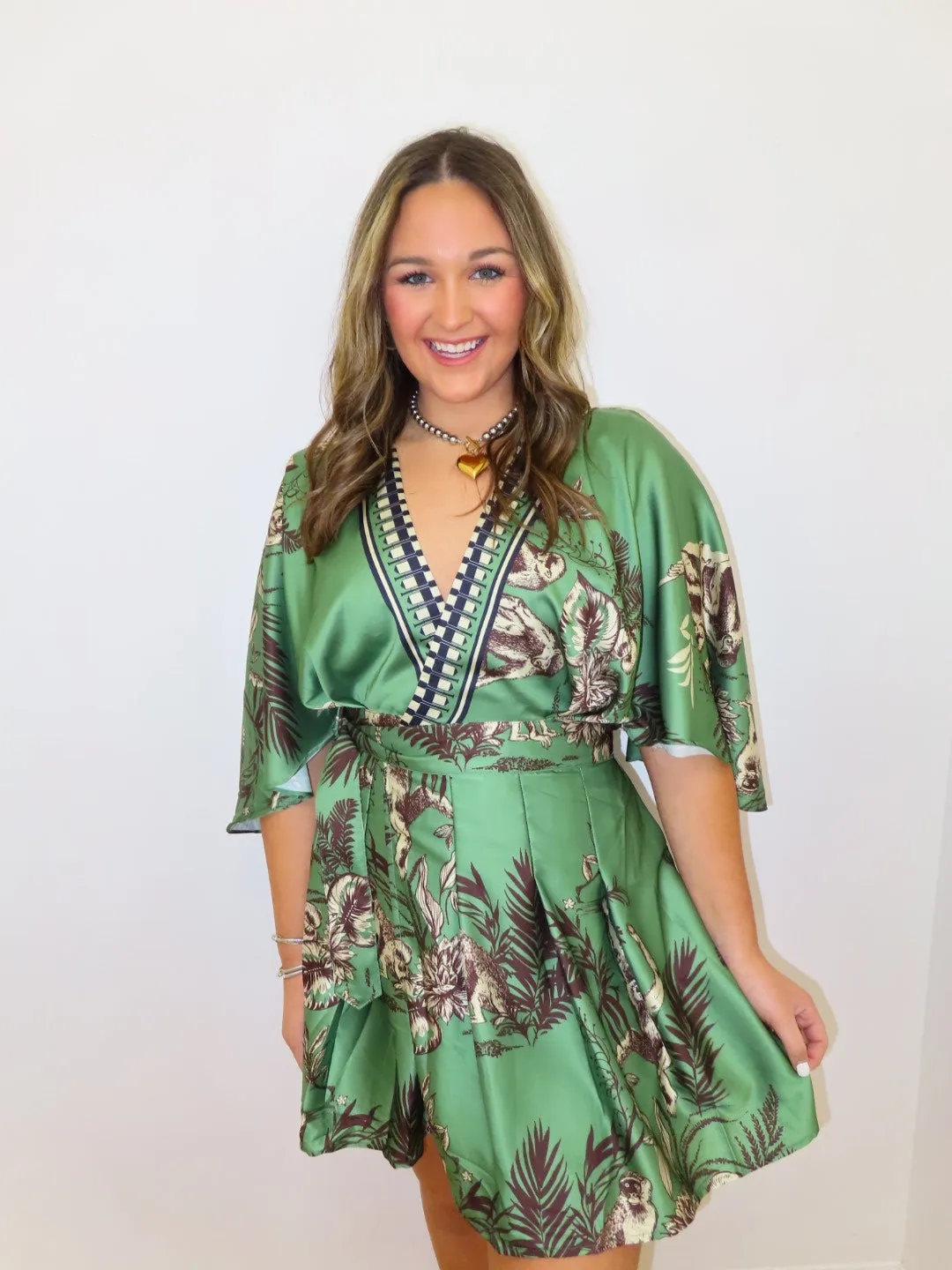 Green Print Wrap Mini Dress