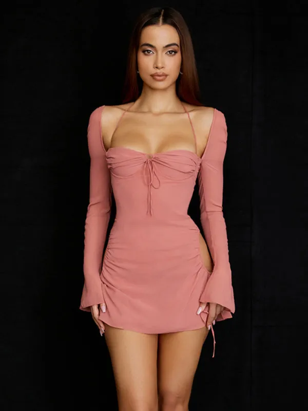 Halter Neck Mini Dress with Wrap Chest and Flared Sleeves