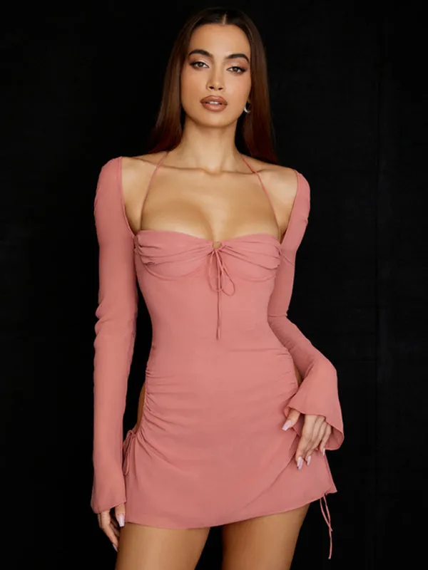 Halter Neck Mini Dress with Wrap Chest and Flared Sleeves