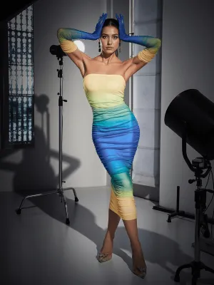 Hartford Gradient Mesh Dress With Gloves In Blue