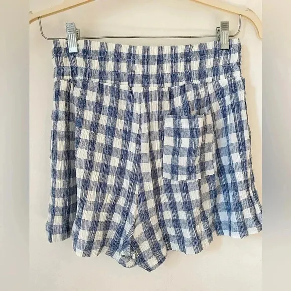HATCH Maternity Shorts Women’s Large Gingham Blue White Crinkle Plaid Short