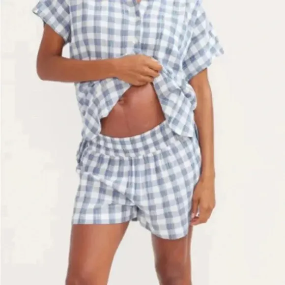 HATCH Maternity Shorts Women’s Large Gingham Blue White Crinkle Plaid Short