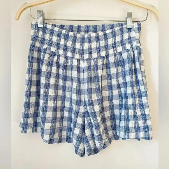 HATCH Maternity Shorts Women’s Large Gingham Blue White Crinkle Plaid Short