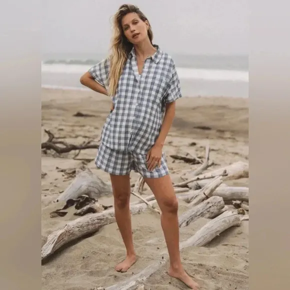 HATCH Maternity Shorts Women’s Large Gingham Blue White Crinkle Plaid Short
