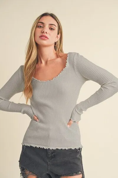 Hazel Blues® |  Aemi   Co Lettuce Hem Scoop Neck Long Sleeve Knit Top