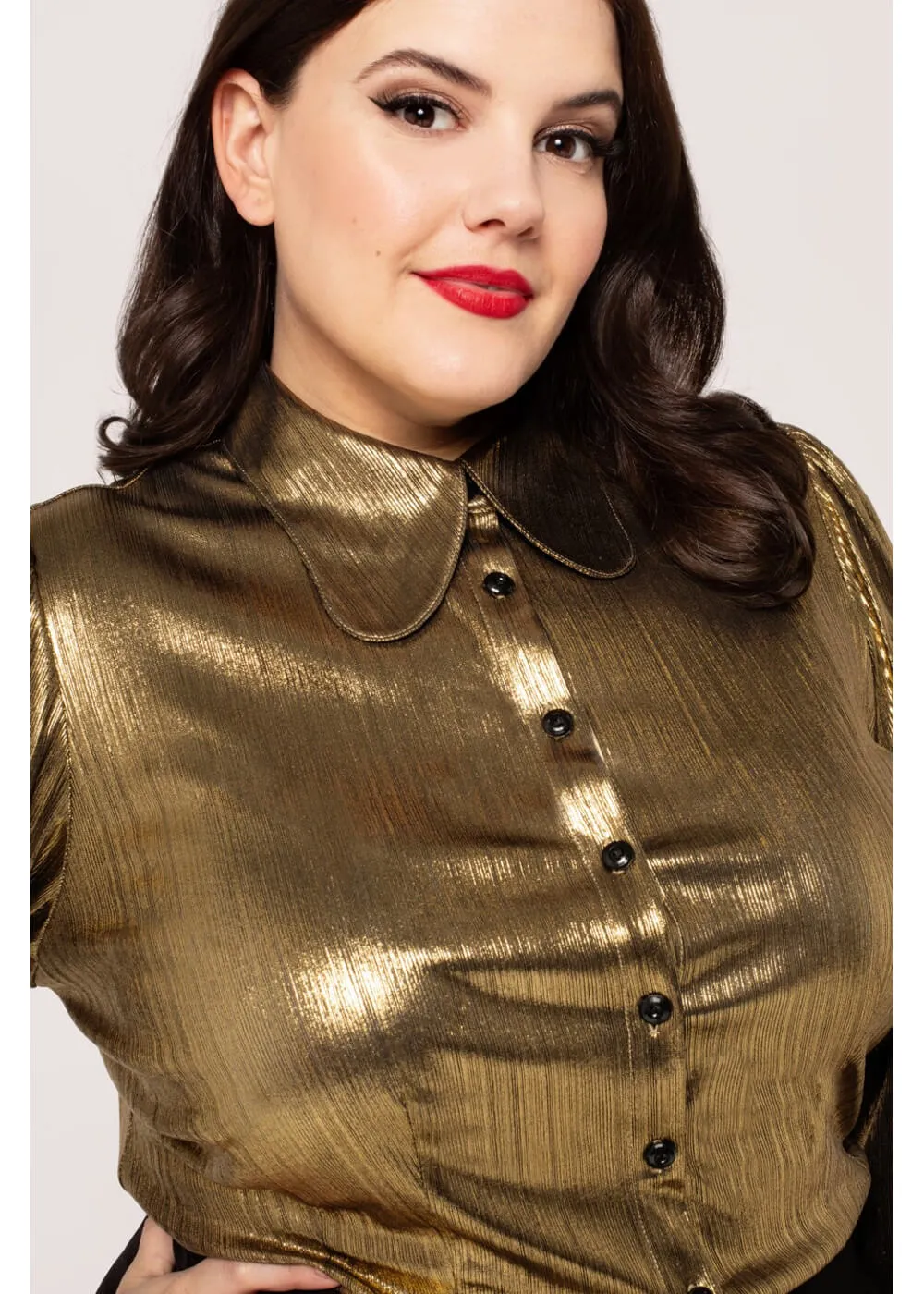 Hell Bunny Gigi Metallic 70's Blouse Gold