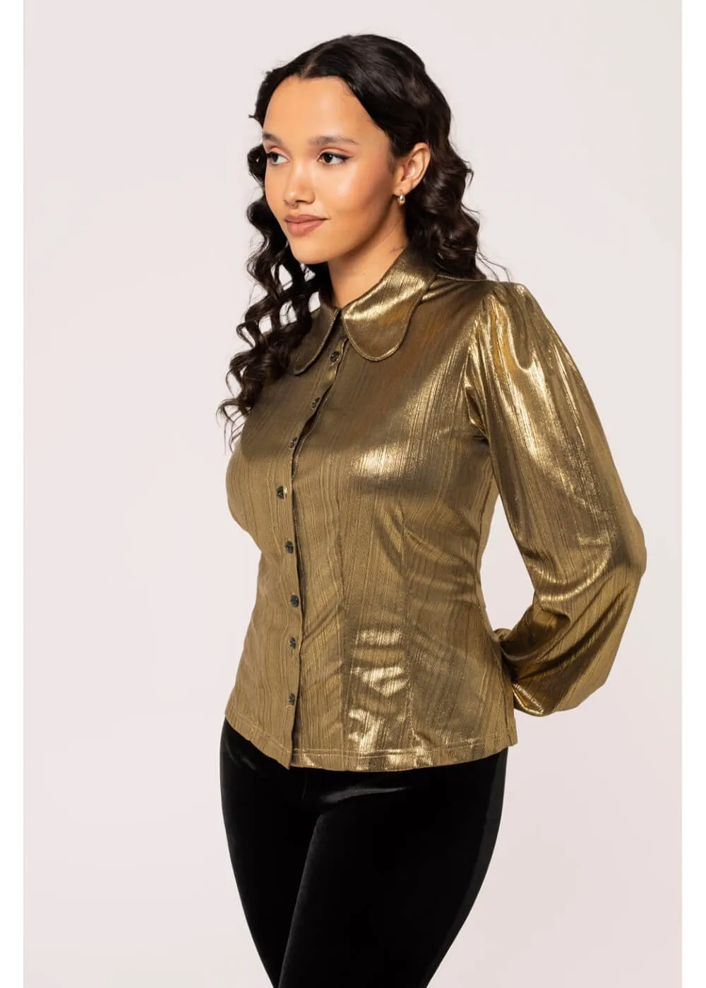 Hell Bunny Gigi Metallic 70's Blouse Gold