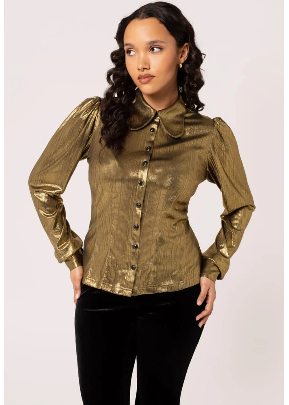 Hell Bunny Gigi Metallic 70's Blouse Gold