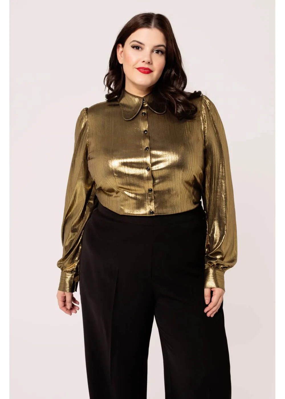 Hell Bunny Gigi Metallic 70's Blouse Gold